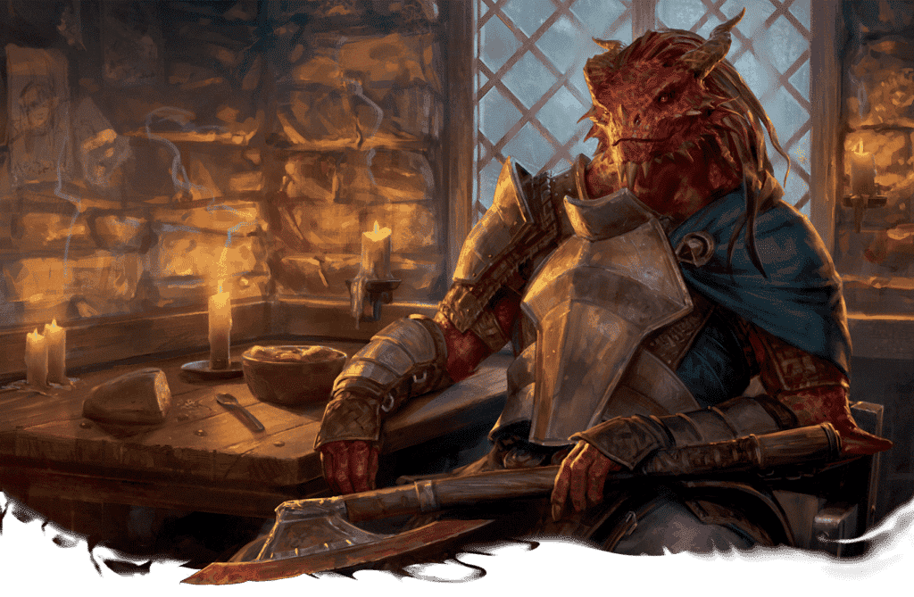 red dragonborn sitting in chair looking cool